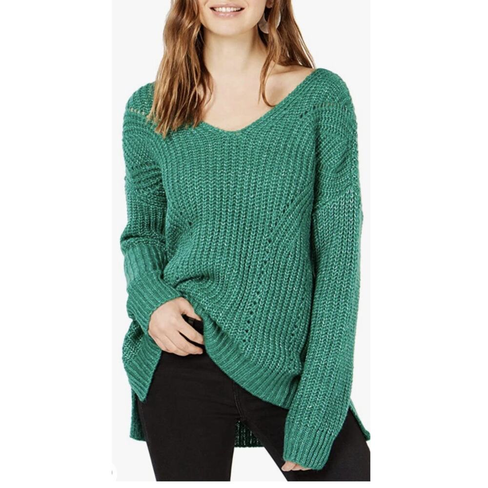 Hippie Rose Womens Green Knit V-Neck Pullover Sweater Criss Cross Back Size M
